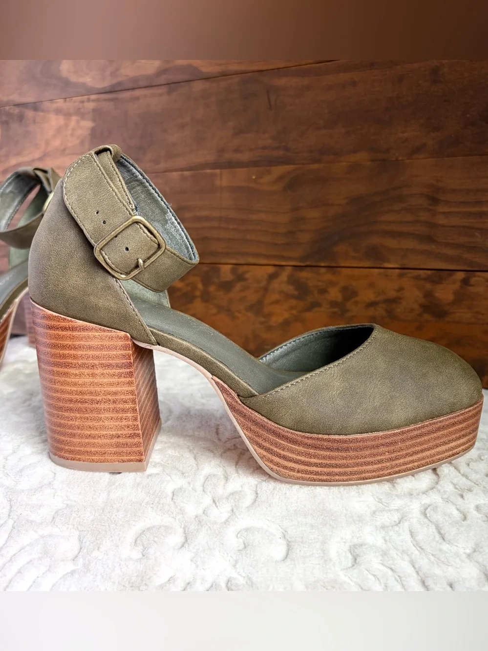 HOUSE OF HARLOW 1960 Sz 8.5M Green Platform Block Heel Earthy Boho Chic - Picture 11 of 16